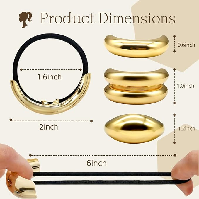 6Pcs Gold Hair Ties - 3 Styles Gold Hair Accessories for Women & Girls, Elegant Chic Metal Hair Cuff Non-Damage Ponytail Cuffs Holders for Thick Hair