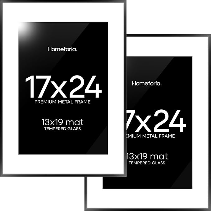 Homeforia 17x24 Picture Frame Black, High End Metal 17x24 Poster Frames with Mat 13x19 for Photo, 17 x 24 Black Frame Matted to 13 x 19 inch Print, 24x17 Thin Frame, Tempered Glass, Wall Kit, Set of 2