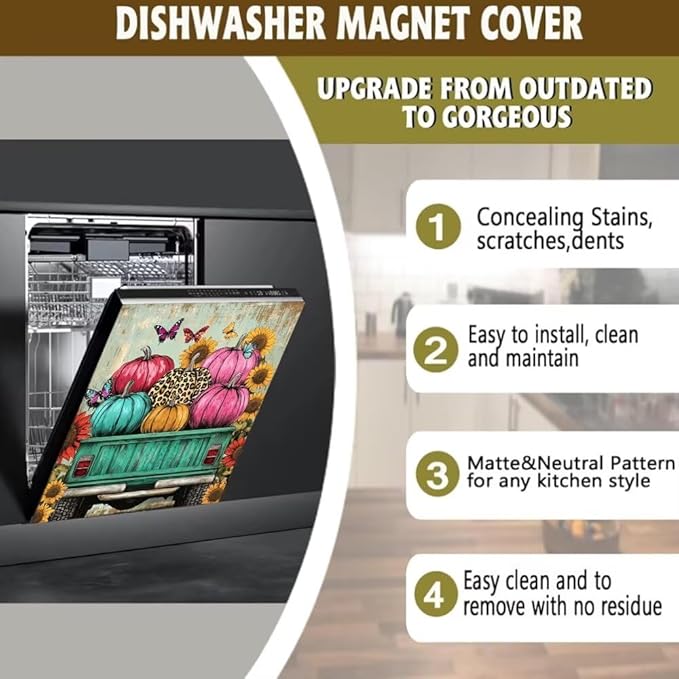 Fall Pumpkin Truck Magnetic Dishwasher Cover Vinyl Sticker,Farm Harvest Sunflowers Dishwasher Magnet Cover, Rustic Barn Fridge Door Cover Magnets Art Skin Panel Decal for Home Decor, 23"X26"