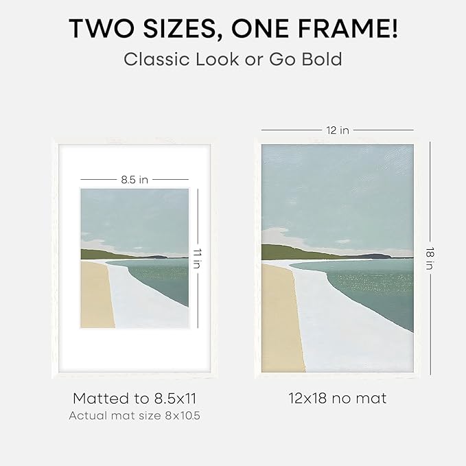 Homeforia 12x18 Frame White Wood, High End Oak 12x18 Poster Frame White with Mat 8.5x11 Print, 12 x 18 Wooden Picture Frames Matted to 8.5 by 11 Photo, 18x12 Frames, Tempered Glass, Wall Kit, Set of 2