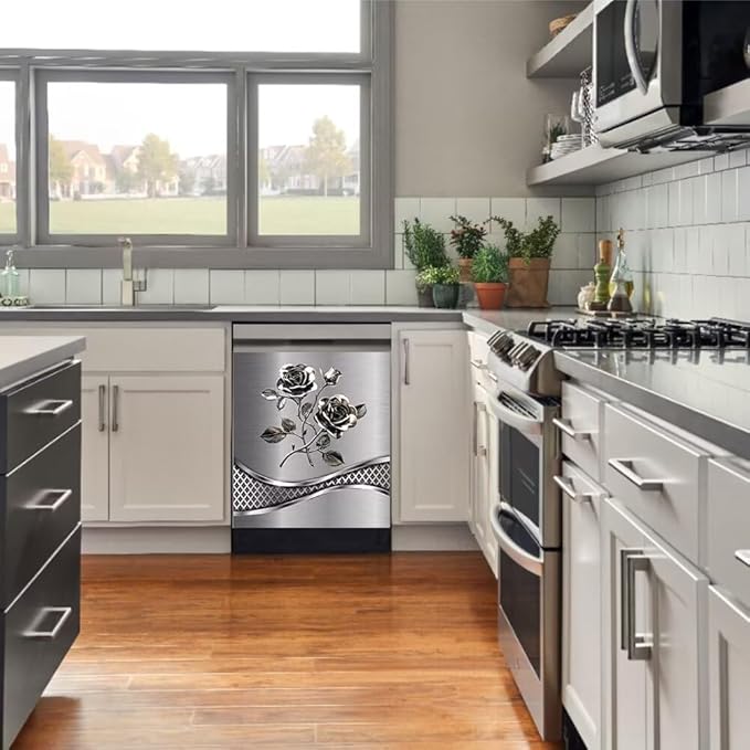 Imitation Stainless Steel Design Flower Pattern Magnet Dishwasher Cover Sticker,Kitchen Decor Refrigerator Magnets Decorative Fridge Magnetic Decal Vinyl Panel 23Wx17H inch