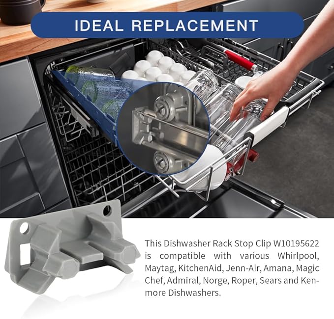 [Upgraded] 2Pcs Dishwasher Rack Stop Clip W10195622, Upper Dishrack Slide Rail Rear Stop fit for Whirlpool/KitchenAid/Kenmore Dishwasher, Replaces AP4566222, PS11750071, 1872168