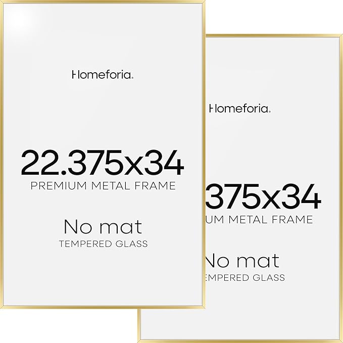 Homeforia 22.375x34 Gold Puzzle Frame, High End Metal 22.375 by 34 Picture Frames without Mat, 34 x 22.375 Thin Poster Frame for Wall, 22.375by34 Puzzle Photo Frame, Tempered Glass, Wall Kit, Set of 2