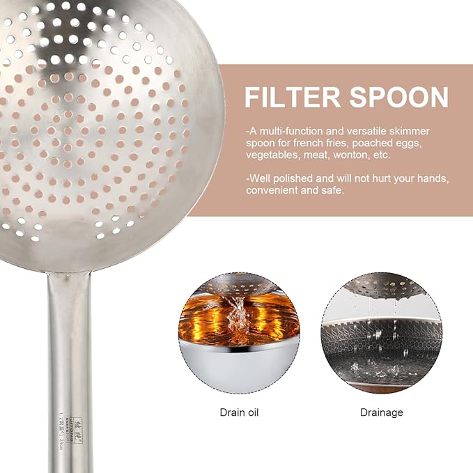Stainless Steel Skimmer Spoon Kitchen Serving Spoon with Filter Large Slotted Strainer Spoon Oil Filter Spoon Mesh Wire Frying Spoon 9.5 x 7 inch