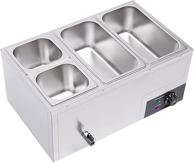 DYNAMI 110V 850W Commercial Buffet Food Warmer,Large Capacity 4 Pan(7.4QT*2+3.2QT*2) Stainless Steel Electric Countertop Steam Table with Intelligent Thermostat Design,for Parties Buffet Catering