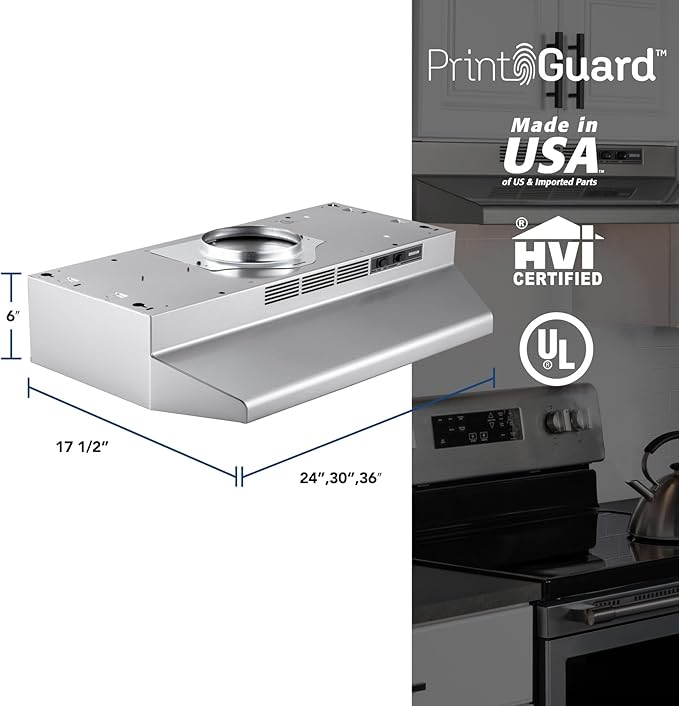 Broan-NuTone F4024SF Inch Fingerprint Resistant Convertible, 230 Max Blower CFM, 24", Stainless Finish with PrintGuard Under-Cabinet Range Hood