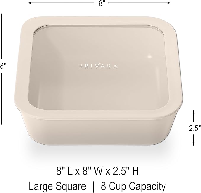 Ceramic Coated Glass Food Storage Container | No PTFE, PFOA, PFAS, and BPA | Reusable Non Toxic Meal Prep Container with Glass Lid | Easy To Store | 8 Cup Square [Crema]