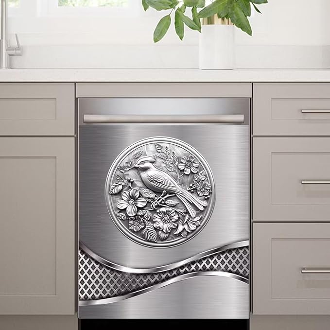 Stainless Steel Design Bird Painting Dishwasher Magnet Cover Sticker,Refrigerator Magnet Cover Decal Fridge Microwave Stickers Kitchen Decor,23 x 26 Inch