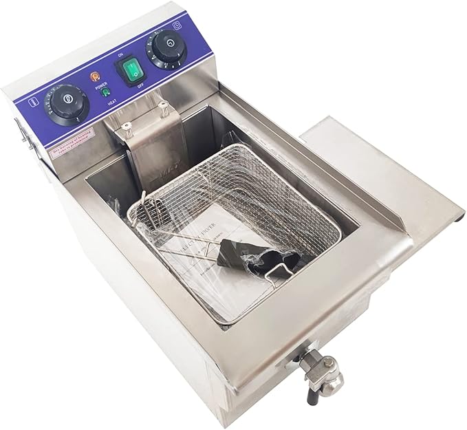 Electric Deep Fryer 10L Stainless Steel Countertop Fryer with Basket and Oil Nozzle for Restaurant Snack Bar 50-200°C 110V 1600W