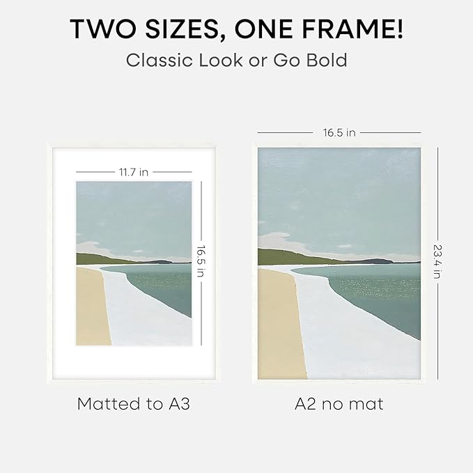 Homeforia A2 White Wood Frame, High End Oak 16.5 x 23.4 White Wooden Poster Frames Matted to 11.7 by 16.5 in Photo, A2 Size Wood Picture Frame with Mat A3 for Print, Tempered Glass, Wall Kit, Set of 2
