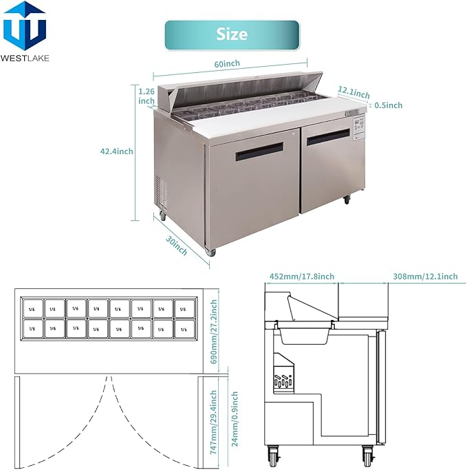 WESTLAKE 60" W 2 Door Refrigerator Sandwich & Salad Prep Table Commercial Stainless Steel Counter Fan Cooling Refrigerator with 16 Pans-60 Inches for Restaurant, Bar, Shop, etc