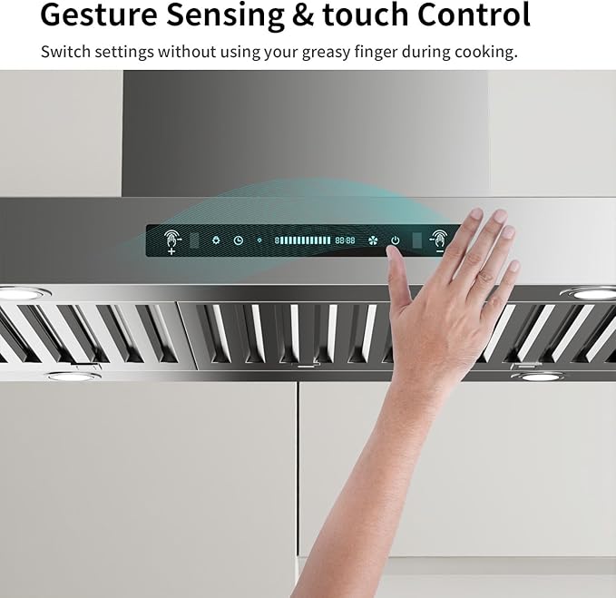 IKTCH Island Mount Range Hood 900 CFM, 42 Inch Stainless Steel Ducted Island Range Hood, Gesture Sensing & Touch Control, 4-Speed Fan