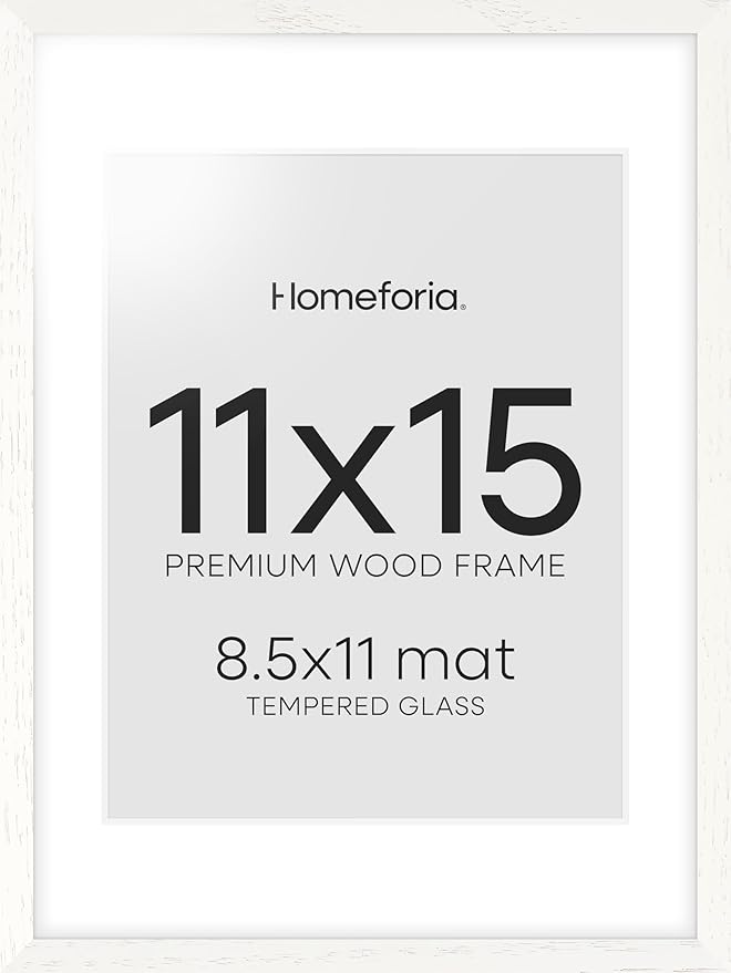 Homeforia White Frame 11x15 Wood, High End Oak 11x15 Picture Frames with Mat 8.5x11, 11 x 15 White Wooden Poster Frames Matted to 8.5 x 11 inch Photo, 15by11 Frames, Tempered Glass, Wall Kit, Set of 1