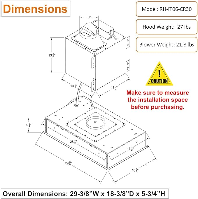 Awoco 30”W Flush Ceiling Mount Split Insert Range Hood, Stainless Steel 4 Speeds 800 CFM, 6” Round Vent LED Lights Remote Control (30"W 19"D 6" Vent)
