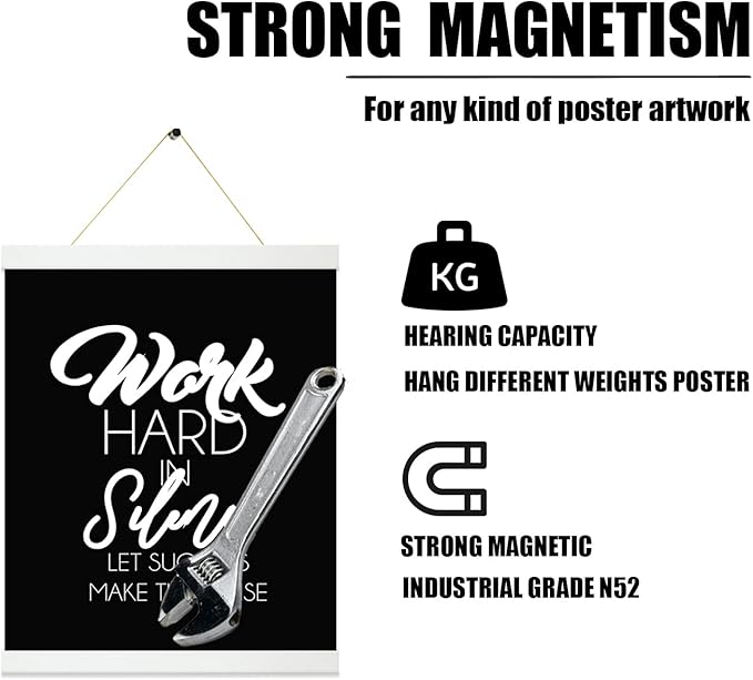 3 Pack Magnetic Poster Hanger Frame White, 8x10 8x12 8x16 Poster Frame Wood Wooden Magnet Print Posters Dowel Scroll Hanger Hangers Hanging Kit for Walls Map Canvas Artwork