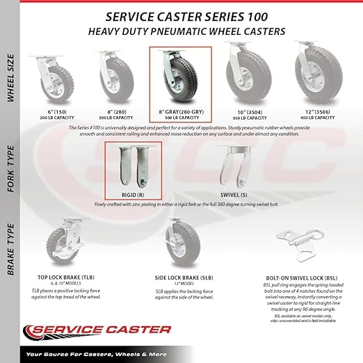 Service Caster Brand Replacement Caster for Uline Caster H-3328GR-R - Rigid Top Plate Caster with 8 Inch Gray Pneumatic Wheel - Heavy Duty Replacement - Fits Platform Trucks and Utility Carts H-2505