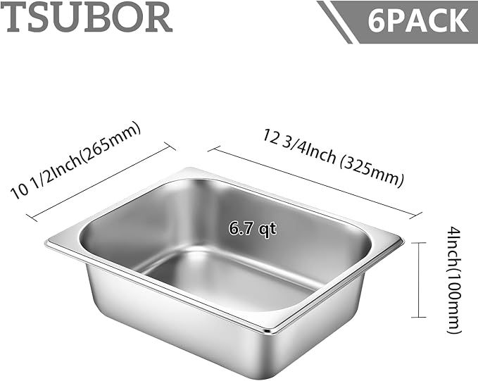 6 Set Stainless Steel Hotel Pans 1/2 Size 4 Inch Deep With Lids, Anti-Jam Chafing Steam Table Pans, Catering Food Storage Metal Pan
