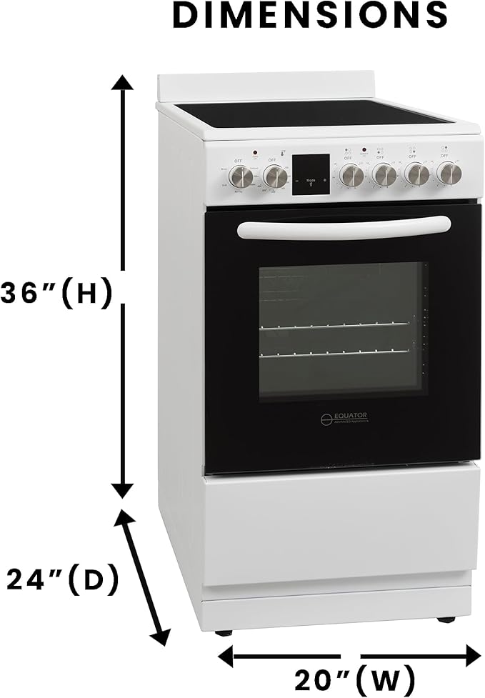 Equator ECR 204 20" Electric Range in WHITE – 4 Ceramic Burners, Convection Oven & Air Fry Function, Compact Freestanding Electric Stove for Apartments, Condos & Tiny Kitchens