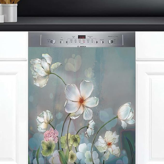 Dishwasher Magnet Cover Blooming White Flowers Front Dishwasher Cover Decoration Reusable Magnetic Door Cover Panel Decal Home Appliances Stickers Kitchen Refrigerator Fridge 23"x26"
