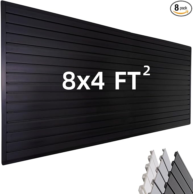 Slat Wall Paneling Garage Wall Organizer, Slatwall Panels Garage Tool Organizer Wall Mount Garage Slat Wall Storage Systems, Slat Board PVC Wall Panels Garage Storage (Black, 8ftx4ft)