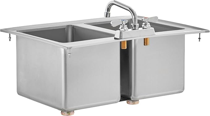 Kratos Commercial Restaurant Sink, 10"x14"x10" 16-Gauge Stainless Steel Two-Compartment Drop-In Sink with 10" Swing Spout Faucet (29N-220)