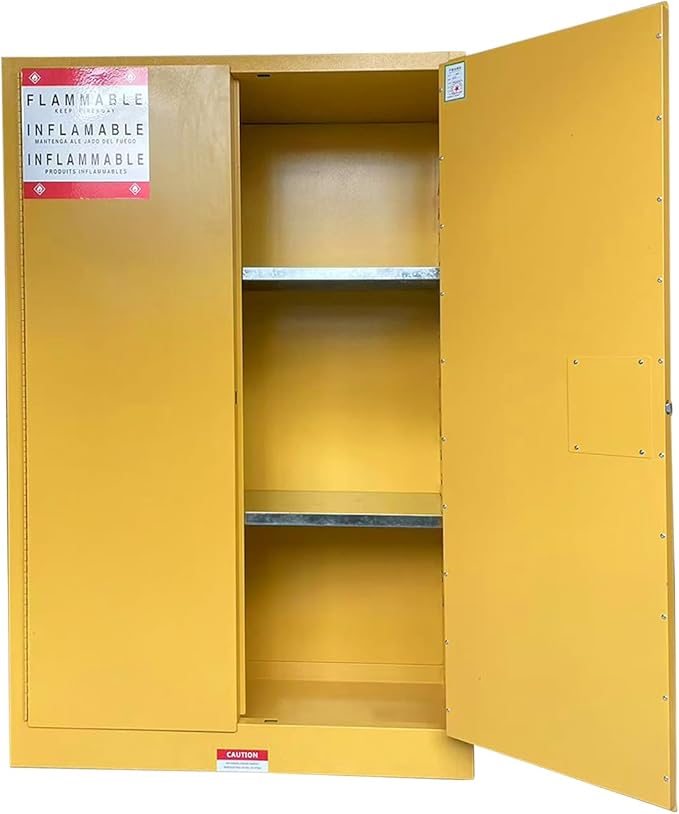 43" x 18" x 65" Steel Flammable Liquid Cabinet, Industry Safety Storage, 45 Gal Flammable Safety Cabinets with 2 Adjustable Shelves 2 Manual Doors for Industrial Use, Yellow,Cold Rolled Steel