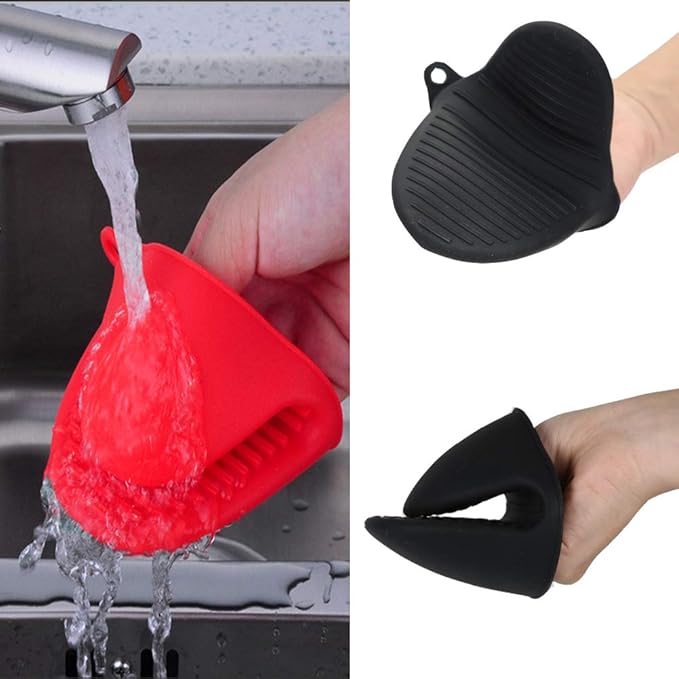 Silicone Cooking Pinch Grips Oven Mitts - Mini Finger Protector Pot Holder for Kitchen,Cooking,Baking,BBQ - Heat Resistant Gloves, 2 Pairs (Black and Red)