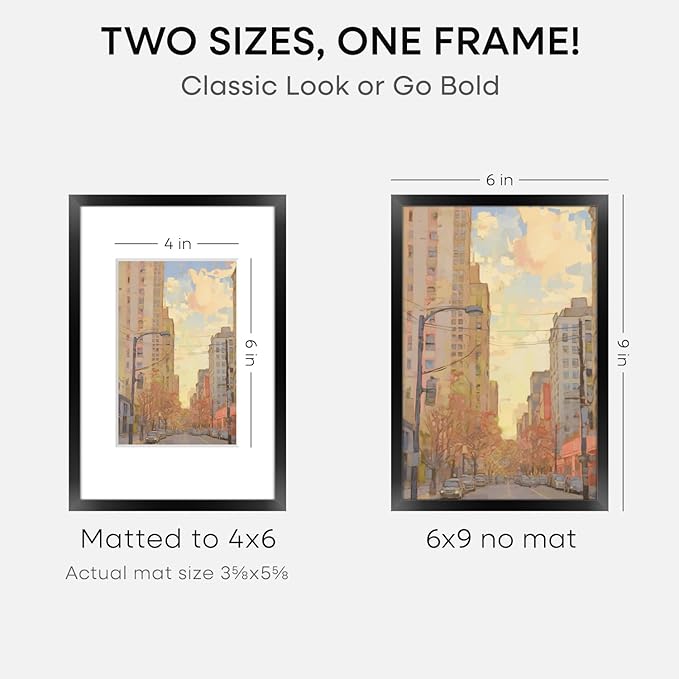 Homeforia 6x9 Picture Frame Black, High End Metal 6 x 9 Black Frames with Mat 4 x 6 for Art, 9x6 Desk Frame Matted to 4x6 inch Photo, 6 by 9 Wall or Tabletop Frames, Tempered Glass, Wall Kit, Set of 2