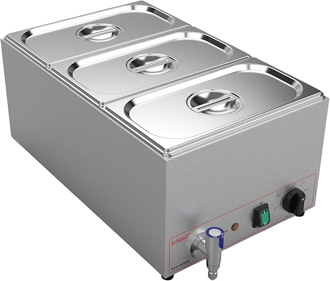 Valgus Commercial Grade Stainless Steel 3 Sections 17 Qt Bain Marie Food Warmers Electric Countertop Steamer with Lid and Tap for Parties, Banquet and Catering Events