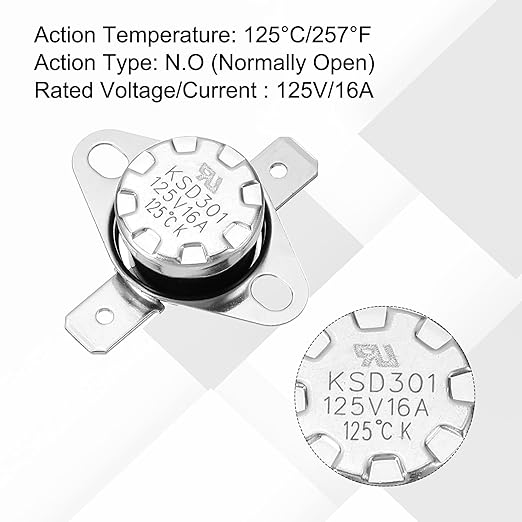 uxcell 2 Pcs KSD301 Thermostat 125°C/257°F 16A Normally Open N.O Adjust Snap Disc Temperature Switch for Microwaves,Oven,Coffee Maker,Bakelite Material