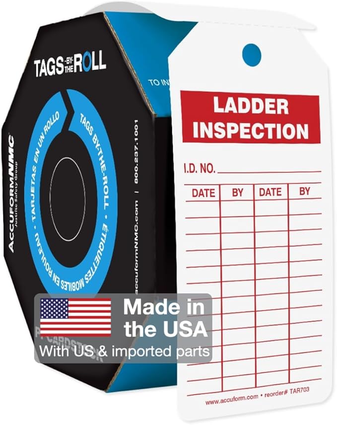 AccuformNMC 100 Tags by-The-Roll, Ladder Inspection Tags with Record, US Made OSHA Compliant, Waterproof PF-Cardstock, Resists Tears, 6.25"x3", TAR703