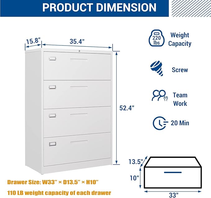Lateral File Cabinet with Lock, 4 Drawer Large Metal Filing Cabinet,Home Office Lockable Storage Cabinet for Hanging Files Letter/Legal/F4/A4 Size-Assembly Required