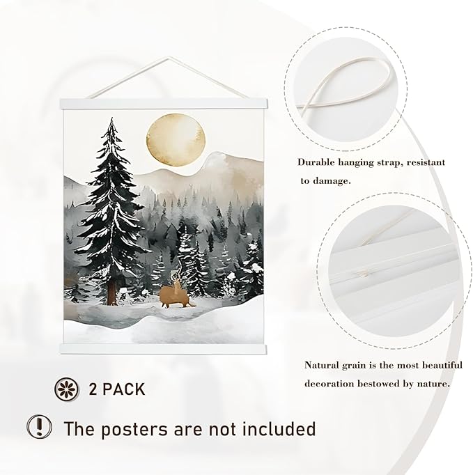 Artmag 2 Pack Magnetic Poster Hanger Frame, 28x22 28x40 28x29 Light Wood Wooden Magnet Canvas Artwork Print Dowel Poster Hangers Frames Hanging Kit (White, 28",2 Packs)
