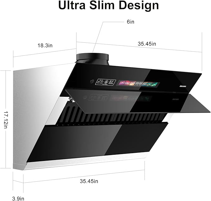 BRANO Range Hood 36 inch with 900CFM, Voice/Gesture Sensing/Touch Control Panel, Unique Side-Draft Design for Under Cabinet Modern Kitchen Hood, Ducted/Ductless Convertible