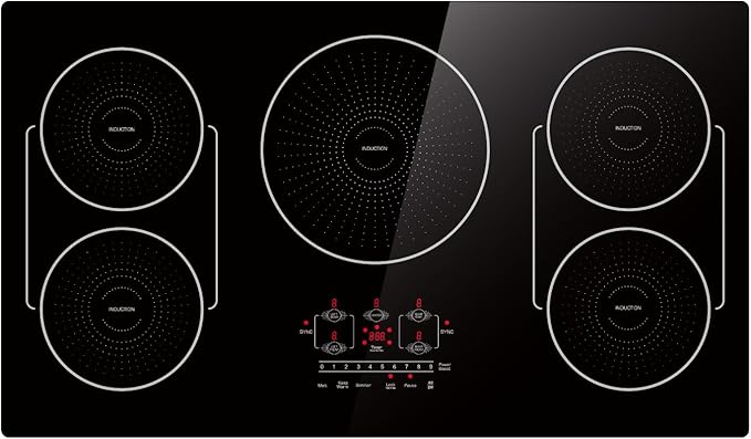 36 Inch Induction Cooktop 5 Burners, Flat Glass Top Electric Stove Hob with Bridge-SYNC, 3 Preset Modes Booster, Timer, Pause, Child Lock, Drop in, 208~240V/50A, Black