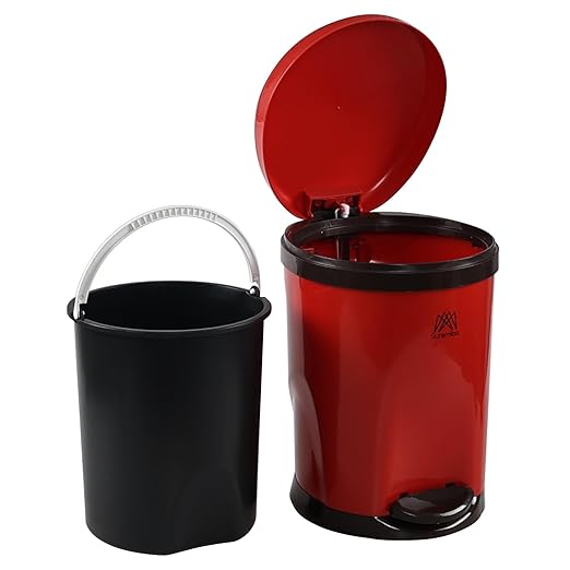 1.8 Gallon Plastic Round Step Trash Wastebasket with Lid, Small Bathroom Step Pedal Trash Can with Inner Bucket, Red