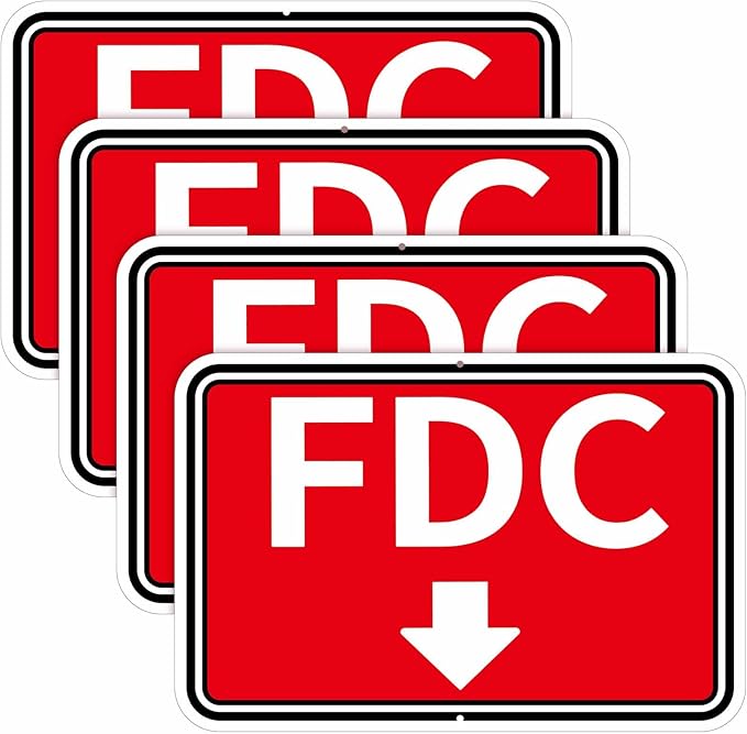 Tandefio 4 Pcs FDC Sign with Down Arrow 12 x 18 Inches Fire Department Connection Sign for Indoor Outdoor Reflective Aluminum UV Protected Weatherproof, Red White and Black