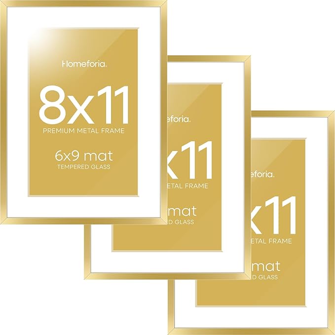 Homeforia 8x11 Picture Frame Gold, High End Metal 8 x 11 Poster Frames with Mat 6 by 9 for Photo, 11x8 Frame Matted to 6x9 inch Print, 8by11 Wall or Tabletop Frames, Tempered Glass, Wall Kit, Set of 3