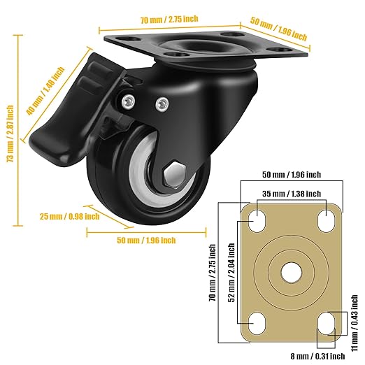 QNCZ 2" Caster Wheels, Casters Set of 4 Heavy Duty but Silent, Excellent Locking Casters with Polyurethane (PU) Wheels, Swivel Plate Castor Wheels for Cart, Furniture, Workbench