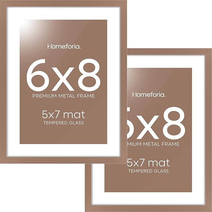 Homeforia 6x8 Picture Frame Mocha, High End Metal 6 x 8 Mocha Frames with Mat 5 x 7 for Art, 8x6 Desk Frame Matted to 5x7 inch Photo, 6 by 8 Wall or Tabletop Frames, Tempered Glass, Wall Kit, Set of 2
