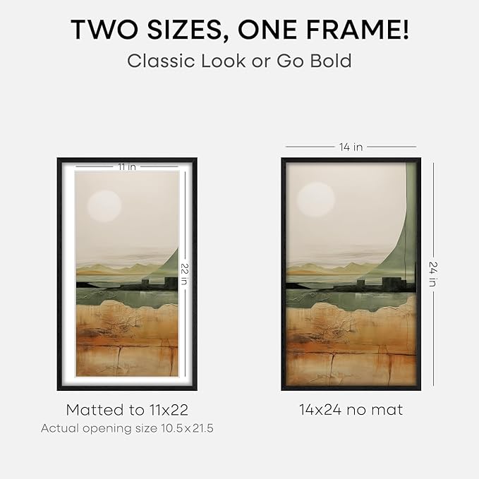 Homeforia 14x24 Picture Frame Black Wood, High End Oak 14x24 Poster Frames with Mat 11x22 Photo, 14 x 24 Wooden Frame Matted to 11 by 22 Print, 24x14 Hanging Frames, Tempered Glass, Wall Kit, Set of 1