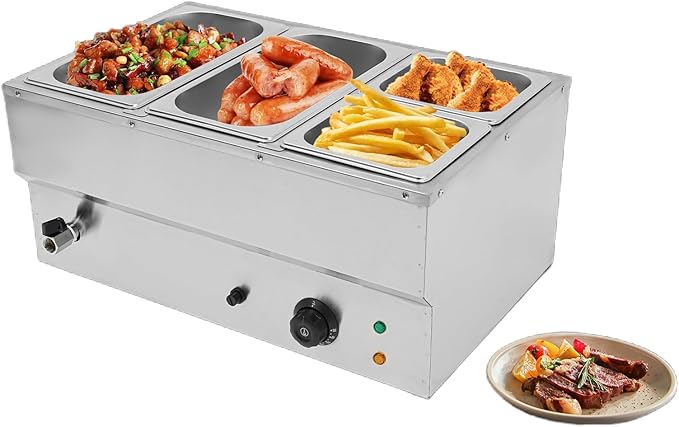 Commercial Food Warmer Stainless Steel Bain Marie Buffet Food Warmer Steam Table Electric Countertop Steam Table Container with 86-185°F Temp Control for Catering Restaurants (4 Pans)