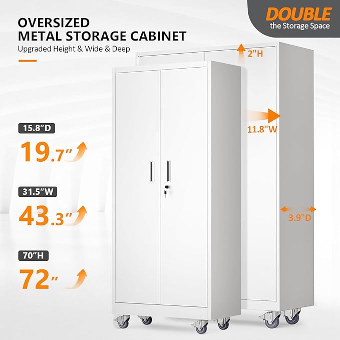 VINGLI Large Metal Storage Cabinet with 2 Doors and 5 Adjustable Shelves, Upgraded Height & Wide & Deep, 43''W x 20''D x 72''H, Oversized Garage Storage Cabinet with Wheels and Locks (White)