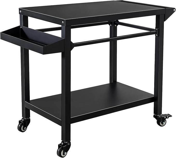 Outdoor Grill Cart Stand Table Pizza Oven with Lockable Wheels, Heavy Duty Movable Kitchen Cooking Prep Station BBQ Cart for Outside Patio, Backyard, Camping and Parties