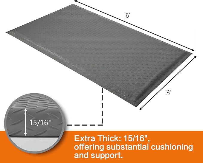 Nisorpa Anti Fatigue Mats Industrial 3' x 6' Ergonomic Standing Mat 15/16" Extra Thick Cushioned Shop Floor Mats Kitchen Mats Heavy Duty Commercial Diamond Plate Support for Leg & Back Pain, Grey