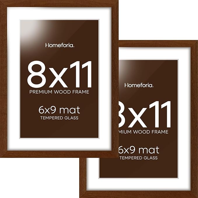 Homeforia 11x8 Picture Frame Brown, High End Dark Oak 8x11 Walnut Wooden Frames with Mat 6x9 Photo, 8 x 11 Wood Frame Matted to 6 by 9 Print, Wall or Tabletop Frame, Tempered Glass, Wall Kit, Set of 2
