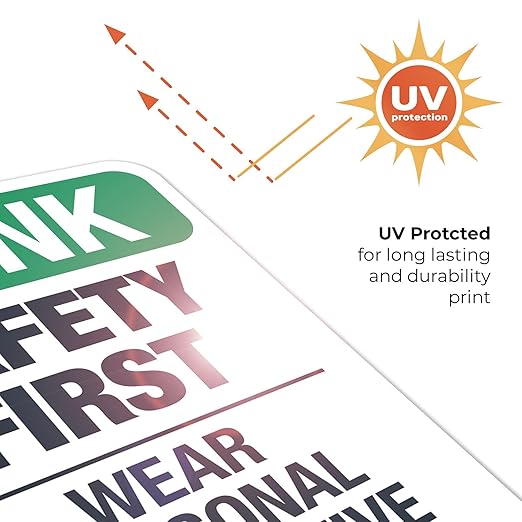 Think Safety First Wear Personal Protective Equipment Sign, 10x7 Inches, 4 Mil Vinyl Decal Stickers Weather Resistant, Made in USA
