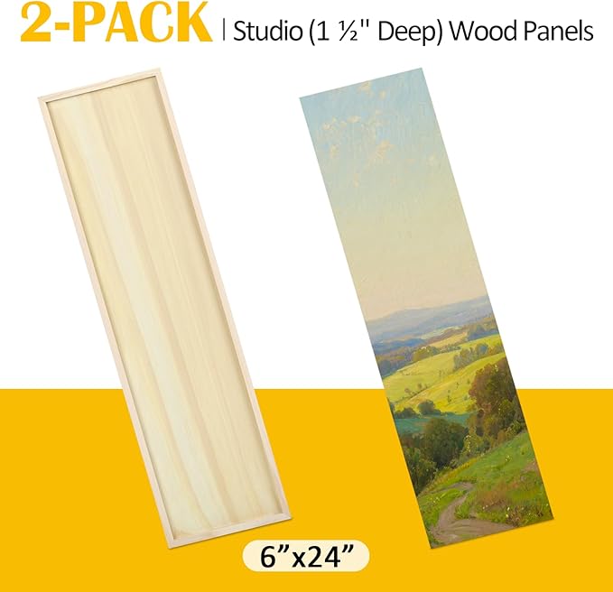 Falling in Art 2 Pack Unfinished Wooden Canvas Panels, 6x24 Gallery Birch Wood Panels Kit, 1 1/2" Deep Art Cradle Boards for Acrylic Painting, Pouring and Burning