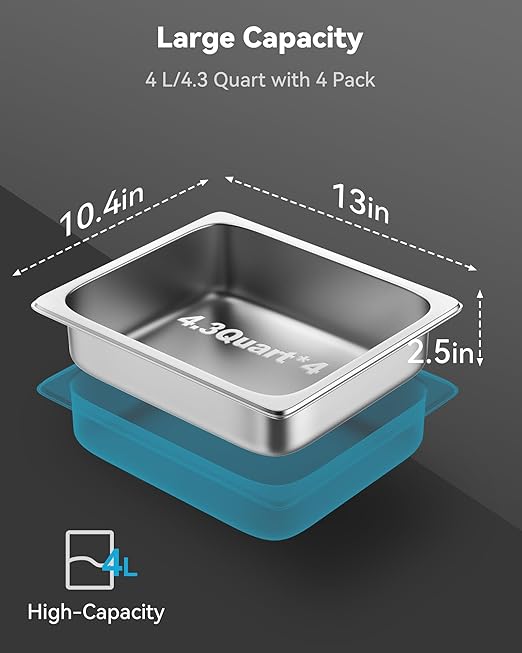 4 Pack Hotel Pans with Lids, 1/2 Size 2.5" Deep Stainless Steel Steam Table Pans 22 Gauge Anti Jam 12.8" L x 10.4" W Commercial Food Storage Containers Metal Pan