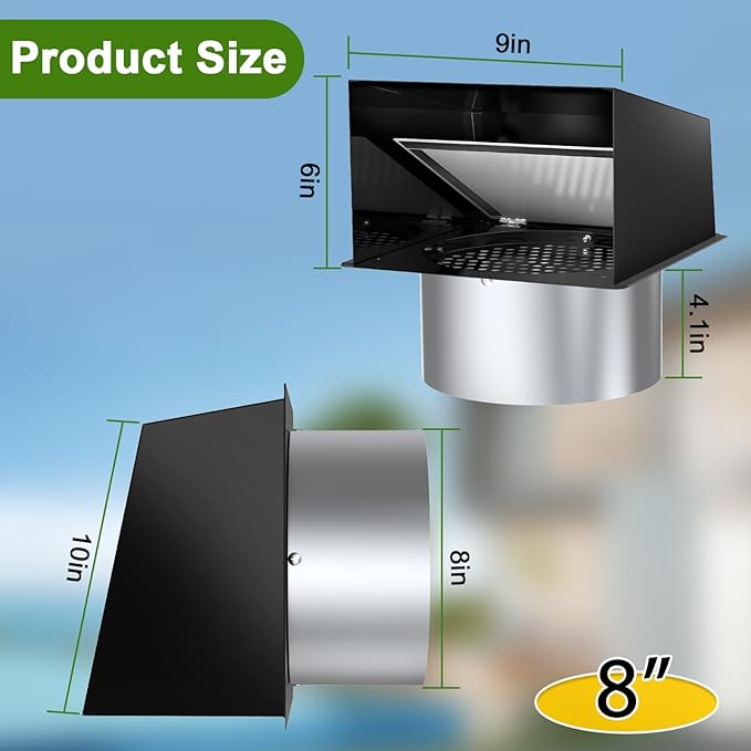 8 Inch Hooded Wall Vent, Dryer Wall Vent Cover Outside with Screen and Damper, Wall Exhaust Vent Cover, Outdoor Air Vent Cap for Range Hoods/Kitchen/Bathroom/Laundry/Basements/Garages, Black
